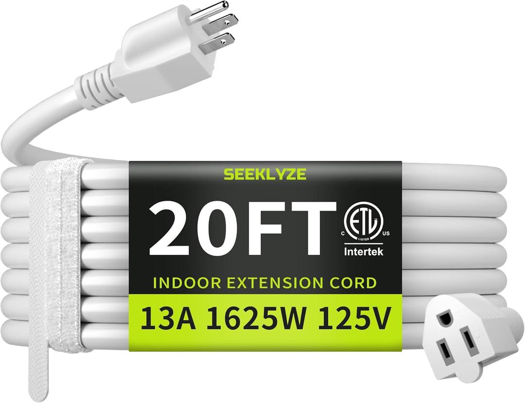 16/3 White Extension Cord 20 FT, Indoor Extension Cord for Laptops, Coffee Makers, Office Home Appliances, 3 Prong Resistant Cable Flexible, 13A 125V 1625W ETL Listed