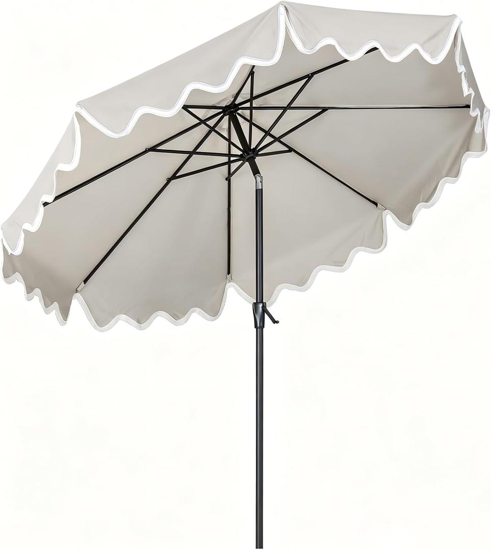 Tempera 9FT Scalloped Tassel Patio Umbrella, Outdoor Market Umbrellas with 8 Sturdy Ribs with Crank & Pust Button Tilt,Fade Resistant Canopy (Beige-Tassles)