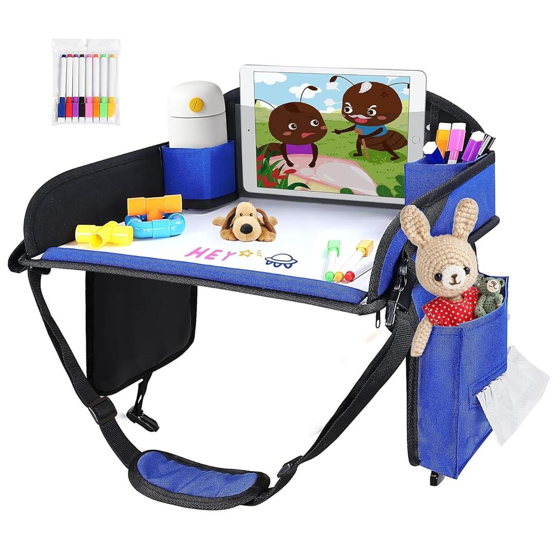 Kids Travel Tray, Kids Travel Trays for Car Seat, Road Trip Essentials for Toddler, Carseat Lap Tray with Dry Erase Board & Storage Organizer for Road Trip Activities for Kid, Blue