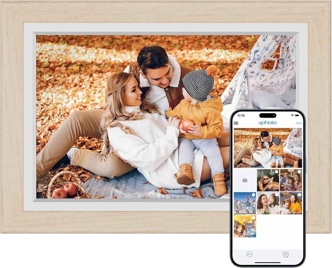 Dragon Touch Digital Picture Frame WiFi 10 inch IPS Touch Screen Digital Photo Frame Display, 32GB Storage, Auto-Rotate, Share Photos via App, Email, Cloud, Classic 10 Brown (White wood)