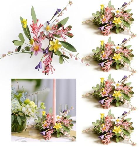 6 Pcs 1.38" Mini Spring Taper Candle Rings Wreaths Small Artificial Pink White Daisy Flower Taper Candle Holder Wreath Purple Wild Flower Summer Floral Pillar Holder Wreath for Candlesticks Decor