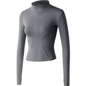 Gacaky Women's Slim Fit Lightweight Athletic Full Zip Stretchy Workout Running Track Jacket with Thumb Holes (Medium, Grey)