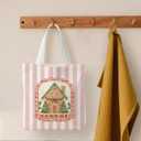 KEUSPI Christmas Tree Gingerbread House Tote Bag for Women, Preppy Christmas Canvas Tote Bag, Pink and White Striped Xmas Ginger Bread Reusable Shopping Grocery Bags