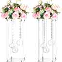 Yerliker 2 Sets 20'' Tall Acrylic Flower Vase Wedding Centerpieces Flowers Stand with Hanging Glass Tealight Globe Candle Holders, Crystal Garland Strands and Self Adhesive Hook (Clear)