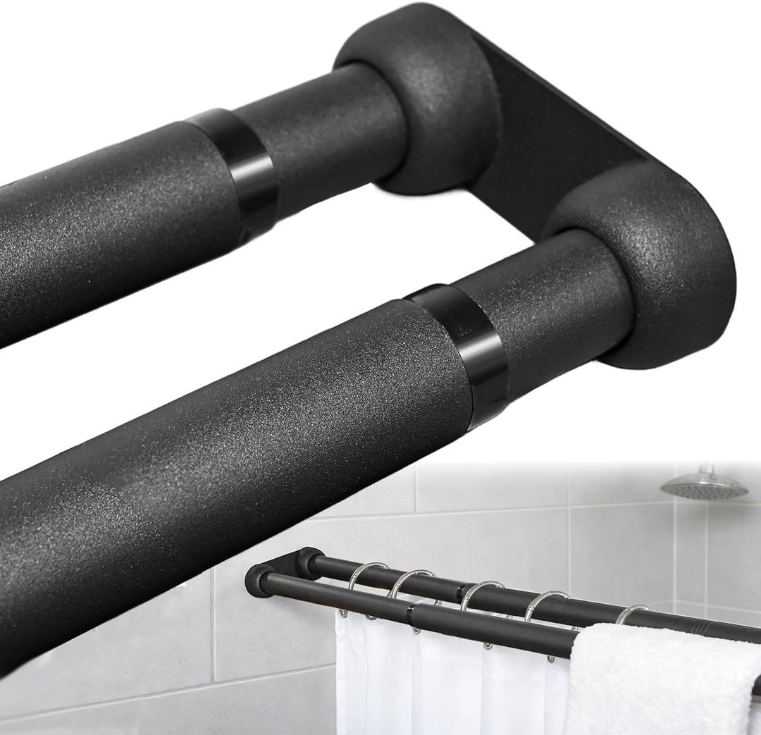 Wall Mounted Double Shower Curtain Rod for Bathroom, Adjustable 27" to 62" Heavy Duty Rustproof Black Double Shower Rod, Easy Installation for Shower Room Dry-Wet Separation