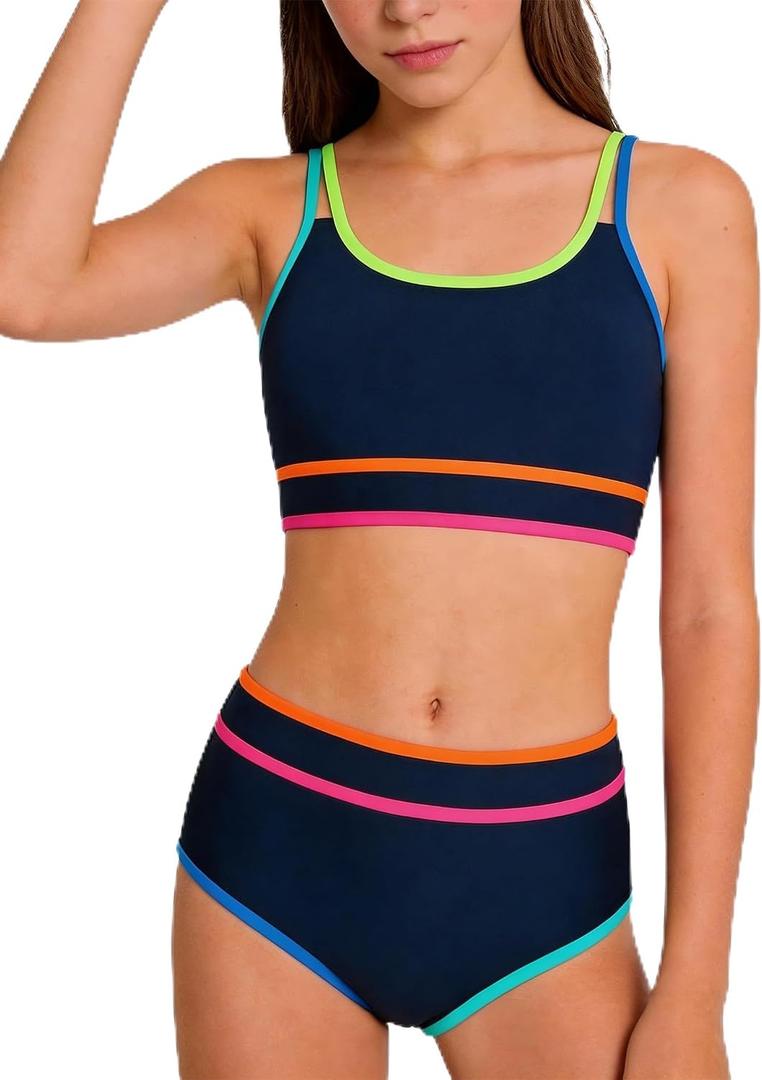 Teen Girls Swimsuit Color Block Sporty Bikini Sets with Cover Up Skirt 3 Piece Bathing Suit Size 7-8 Years (Blue)