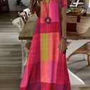 Women's Vintage Geometric Print Maxi Dress Color Block Plaid Design Crew Neck Short Sleeve Loose Fit Long Dresses