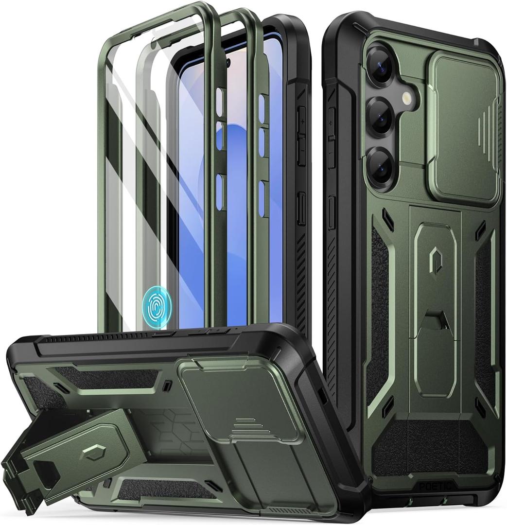 Poetic Spartan Case for Galaxy S25 6.2", [Slide Camera Cover] [Screen Protector Works with Fingerprint ID] Military Grade Rugged Shockproof S25 Phone Case with Kickstand, Metallic Green