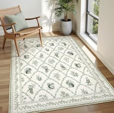 Dadasgk Floral Washable Living Room Rugs, 5x7 Green Area Rugs for Bedroom ‎‎‎‎Nursery, Ultra-Thin Soft Non-Slip Stain Resistant Boho Cute Animal Print Throw Carpet for Kids Playroom Office, Olive Green
