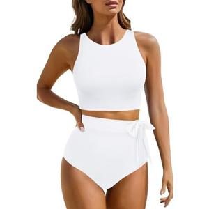 Aqua Eve Women High Waisted Bikini Set Racerback Swimsuit Two Piece Bathing Suit High Neck Swimwear, Size Medium