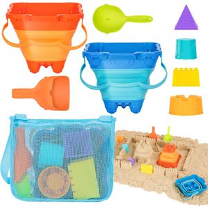 Beach Toys, Collapsible Sand Toys - 9pcs Sand Castle Building Kit: Foldable Sand Buckets, Shovels, Castle Molds & Packable Mesh Bag - Sandbox Toys for Toddlers, Kids Ages 3-12, Beach Travel