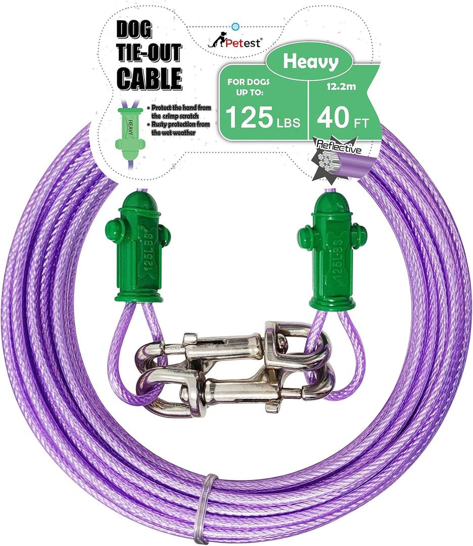 Petest Reflective Tie Out Cable with Crimp Cover for Heavy Dogs Up to 125 Pounds, 40 Feet (Green & Purple)