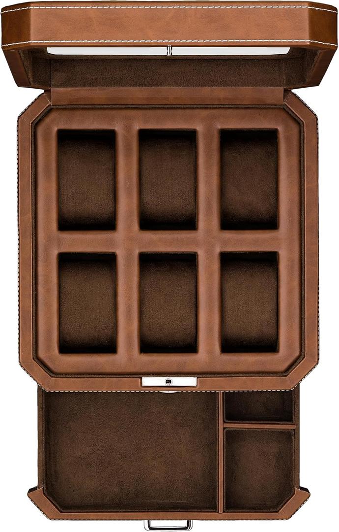 ROTHWELL 6 Slot Leather Watch Box with Valet Drawer - Luxury Case Display Organizer, Microsuede Liner, Locking Mens Jewelry Watches Holder, Men's Watch Storage Large Glass Top (Tan/Brown)