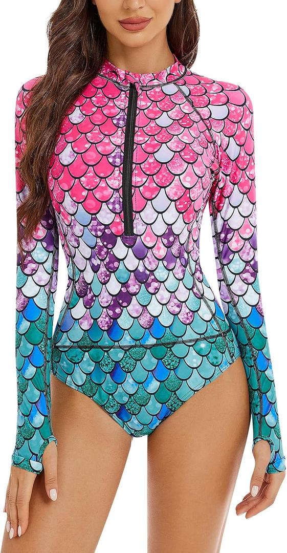 Women One Piece Long Sleeve Rash Guard UV Protection Surfing Swimsuit Swimwear Bathing Suit (Large, Mermaid Color)