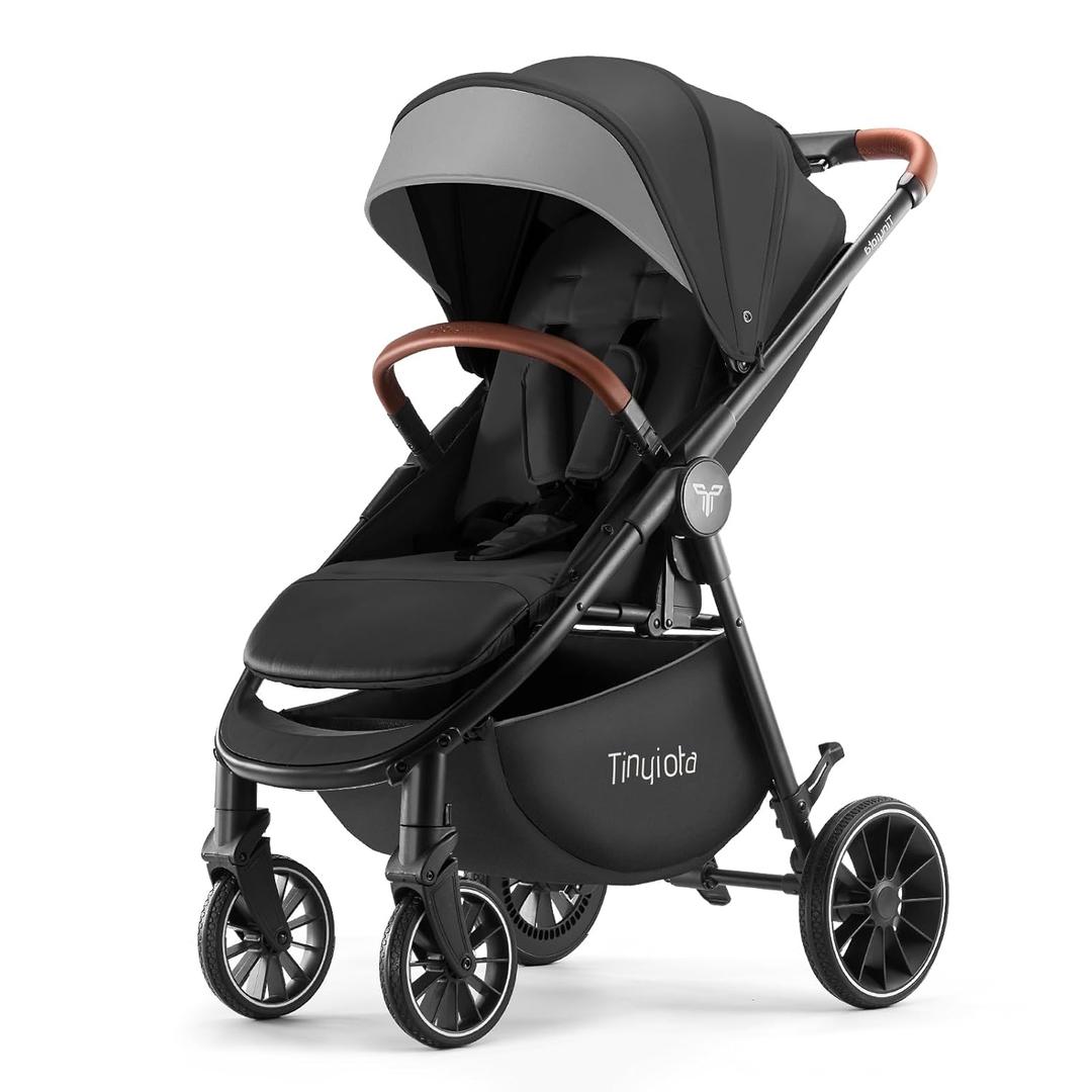 Tinyiota Stroller for Babies, Toddler Strollers with Large UPF 50+ Canopy, Luxury Baby Stroller with Leather Handle & Spacious Seat, One-Hand Foldable Pushchair, Baby Carriage with Lie-Flat Mode(Black)