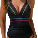 popvil Women Tummy Control One Piece Swimsuit, Ruched Slimming Shapewear, Modest Deep V Flattering Bathing Suit, 16 W