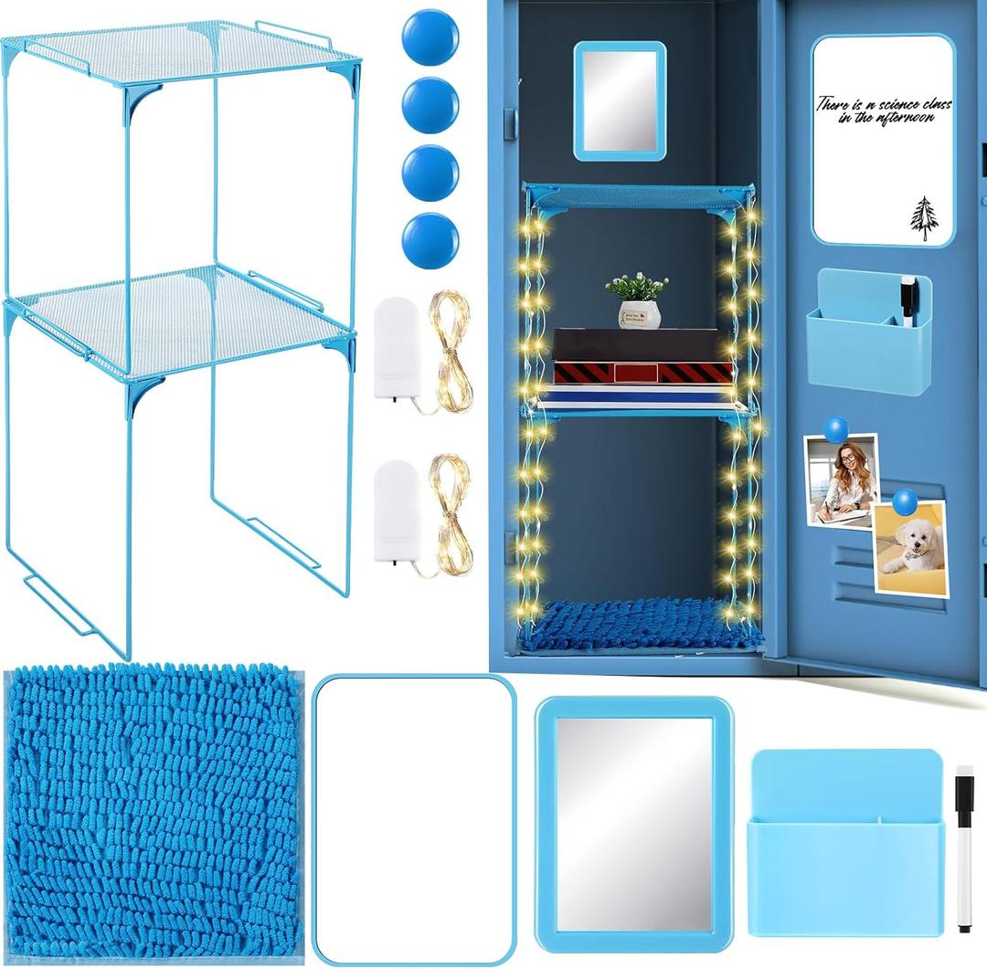 Suzile 13 Pcs Locker Organizer and Accessories Includes Locker Shelf, Magnetic Pen Holder, Dry Erase Marker, Mirror, Whiteboard, Rug, Magnets, Back to School Essentials(Blue)