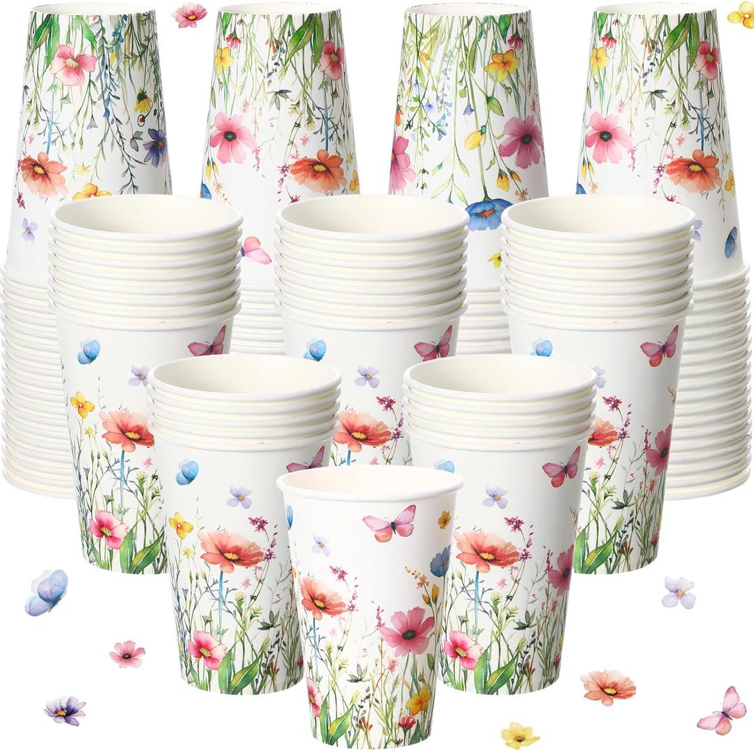 Tioncy 50 Pcs Spring Floral Butterfly 12 oz Disposable Paper Coffee Cups Flower Drinking Cup for Coffee, Water, Juice, Espresso, Hot and Cold Drinks Cocoa Cold Beverages Tea Party Supplies Decoration