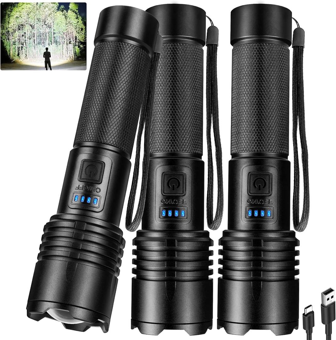 crazybrace Rechargeable Led Flashlights High Lumens 3Pack, 99000 Lumen Super Bright Flash Light with 3 Modes & Adjustable 2 Beam, Brightest Waterproof Flashlight 15H Long Runtime for Hiking Camping (Medium)
