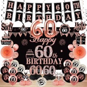 33PCS 60th Birthday Decorations Kit for Women, Happy 60 Birthday Banner Party Supplies, Rose Gold Sixty Year Old Birthday Balloon Backdrop Honeycomb Centerpiece Hanging Swirls Gifts