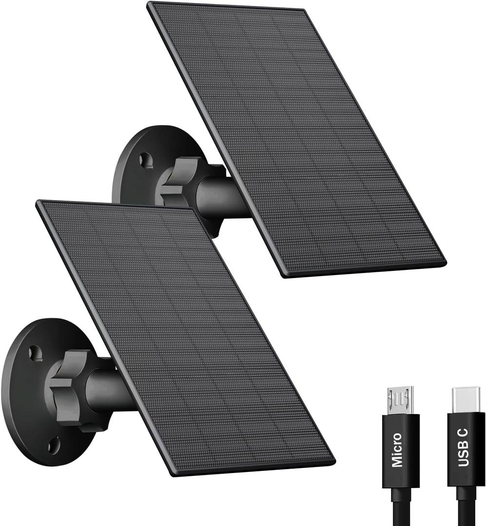 2W Solar Panel for Security Camera Outdoor, USB/USB-C Charger with IP65 Waterproof, 360 Adjustable Mount & 7.2ft Cable, Compatible with Rechargeable Battery Cameras (2 Pack, Black)