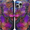 DEENAKIN for iPhone 15 Pro Wallet Case with Card Holder + Cash Clip, RFID-Blocking, Military-Grade Drop Protection & UV-Printed Artwork, Magnetic Closure with Leather Stand - Blooming Purple Flowers