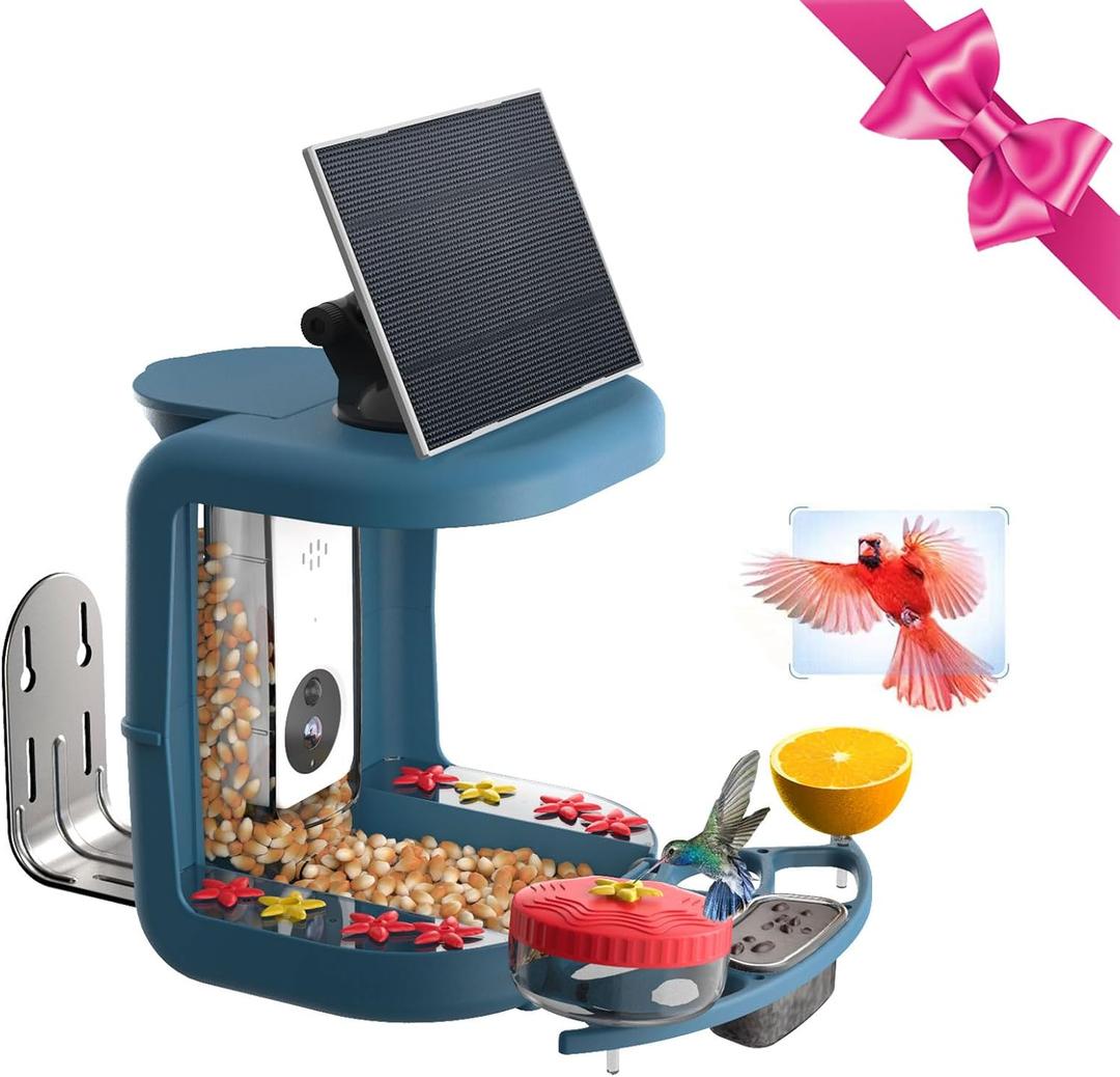 Smart Bird Feeder with Camera Solar Powered, Hummingbird Feeders for Outdoors, 2K HD AI Identify Birds 10000+Species, DIY Add-ons, AI Instant Notifications, IP65 Waterproof, 6400mAh Large Battery