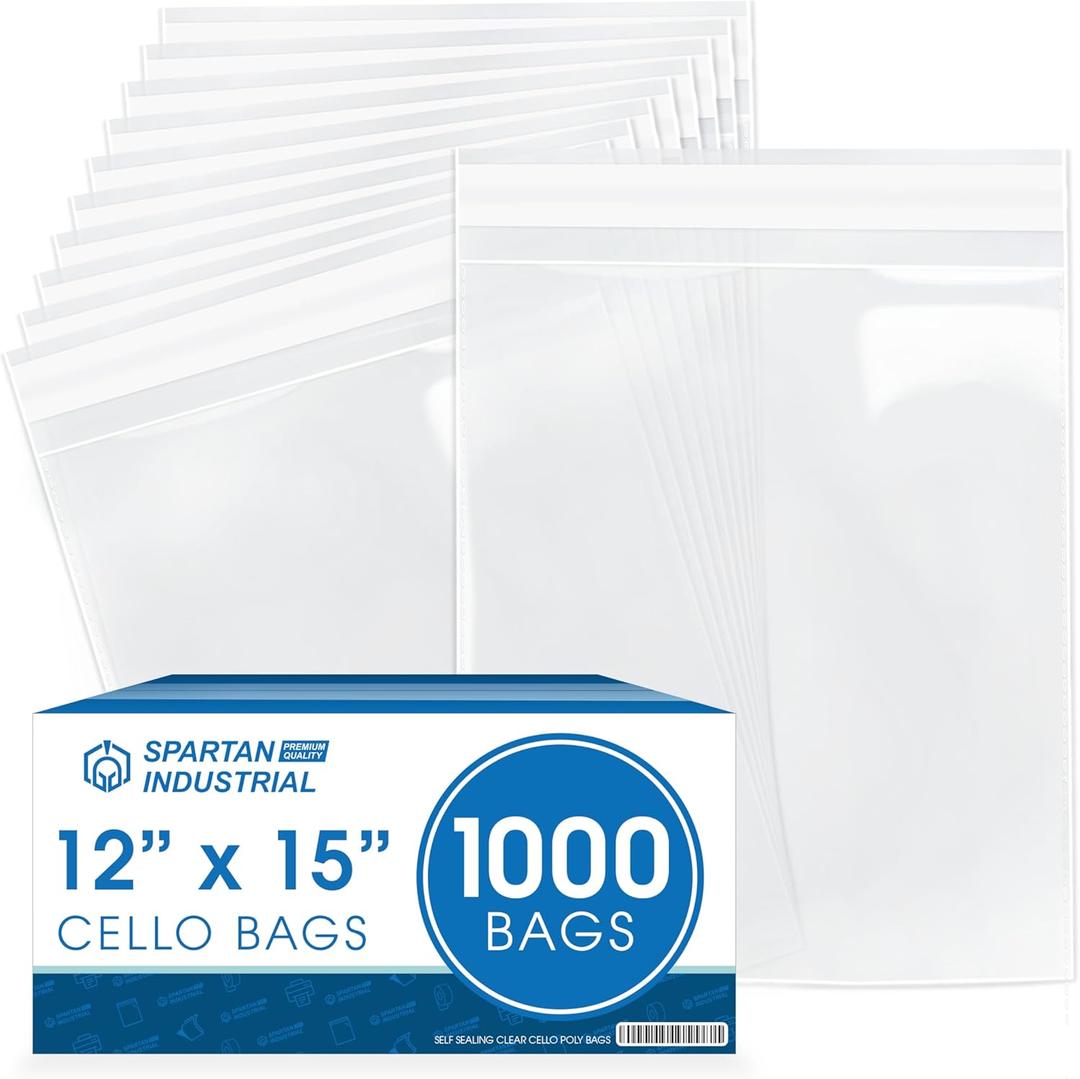 12" X 15" Self-Sealing Cellophane Bags (1000 Count) Clear Poly Packaging for Clothing, Prints, Photos, Documents - Reinforced Resealable Cello Bags for Small Business Shipping - Spartan Industrial