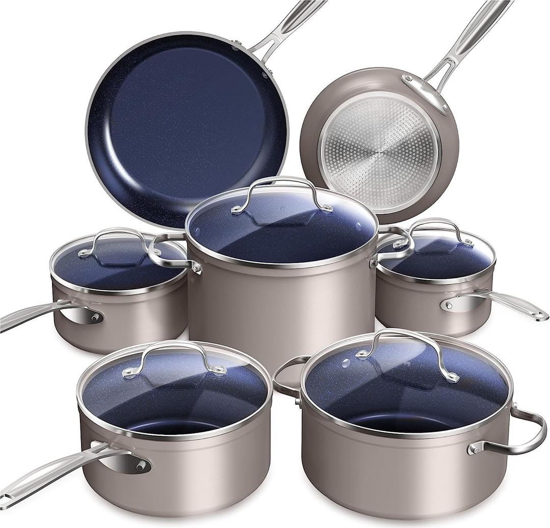Nuwave Healthy Duralon Blue Ceramic Nonstick Cookware Set, Diamond Infused Scratch-Resistant, PFAS Free, Dishwasher & Oven Safe, Induction Ready & Evenly Heats, Tempered Glass Lids & Stay-Cool Handles (Clay)
