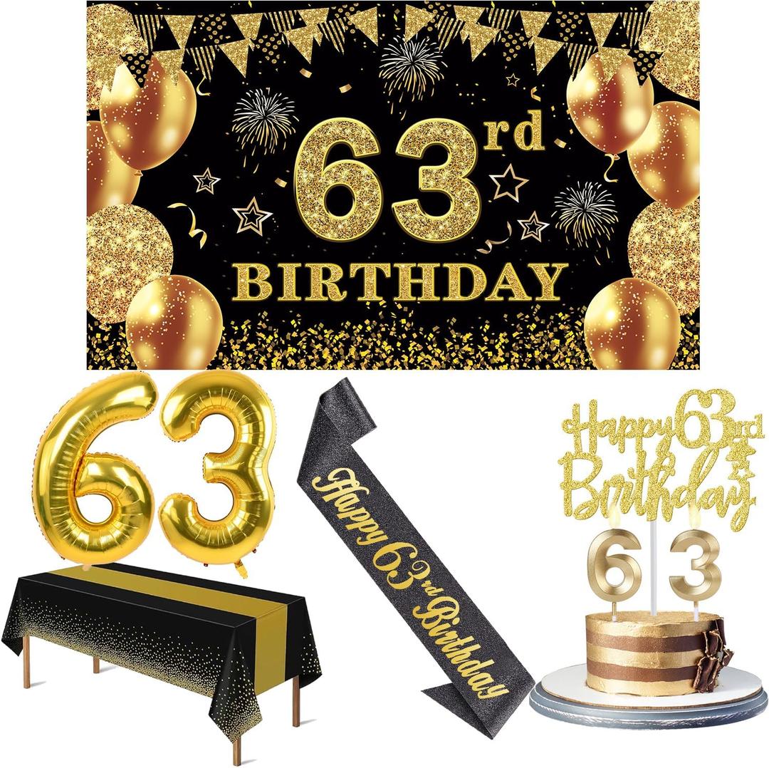 63rd Birthday Decorations Men Women with 63rd Birthday Banner, Black and Gold Table Cloth, Number Balloons, Large Sash, Cake Topper and Candles