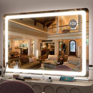 FENNIO Vanity Mirror with Lights 32"x22", Lighted Makeup Mirror, Large Vanity Mirror with Lights, Touch Sensor with 3-Color Lighting, USB Charging Port for Vanity Desk Tabletop (White)
