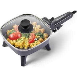 Elite Gourmet EFS059 Personal Electric Skillet, 7 Compact Portable Cooker, Adjustable Temperature, 600W Rapid Heating, Nonstick Surface, Tempered Glass Lid, Removable Handle, Black
