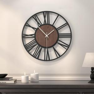 Modern Wall Clocks for Living Room, 16 inch Wood Walnut Dial Decorative Wall Clock Battery Operated, Non Ticking Silent Big Round Black Metal Clock, Bedroom, Kitchen, Office Decor-Roman Numerals