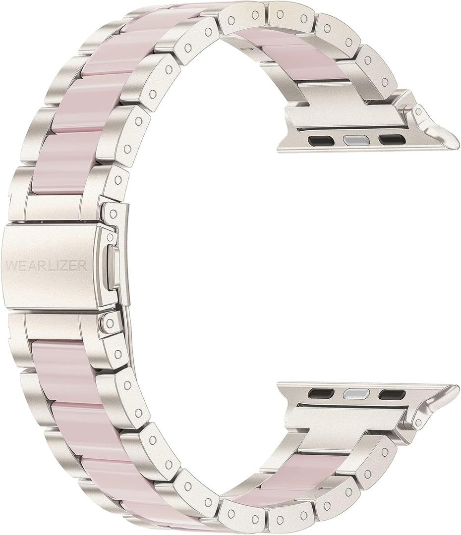 Wearlizer Compatible with Apple Watch Band 38/40/41/42mm Fashion Wristbands Womens, Stainless Steel + Resin Metal Replacement for iWatch Series 11 10 - Starlight+Pink