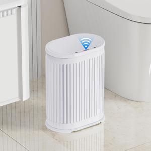 1.6 Gallon Automatic Bathroom Trash Can, 6L Touchless Motion Sensor Garbage Can with Lid, Smart Stainless Stee Trash Bin for Narrow Spaces, Bathroom, Office, Bedroom, Living Room (White)