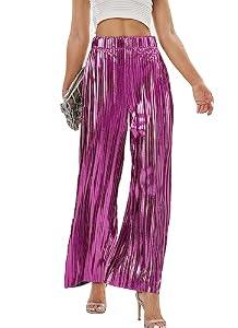 heipeiwa Women's Shiny Pleated Wide Leg Pants Party Nightout High Elastic Waist Trouser Outfit Clubwear Hot Pink Medium