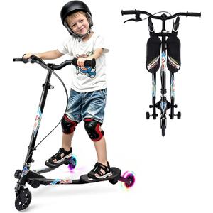 Swing Scooter for Kids, 3 Wheels Foldable Wiggle Kick Scooter Push Drifting with 4 Adjustable Handlebar & 2 Rear LED Wheel for Boys and Girls Ages 3-8