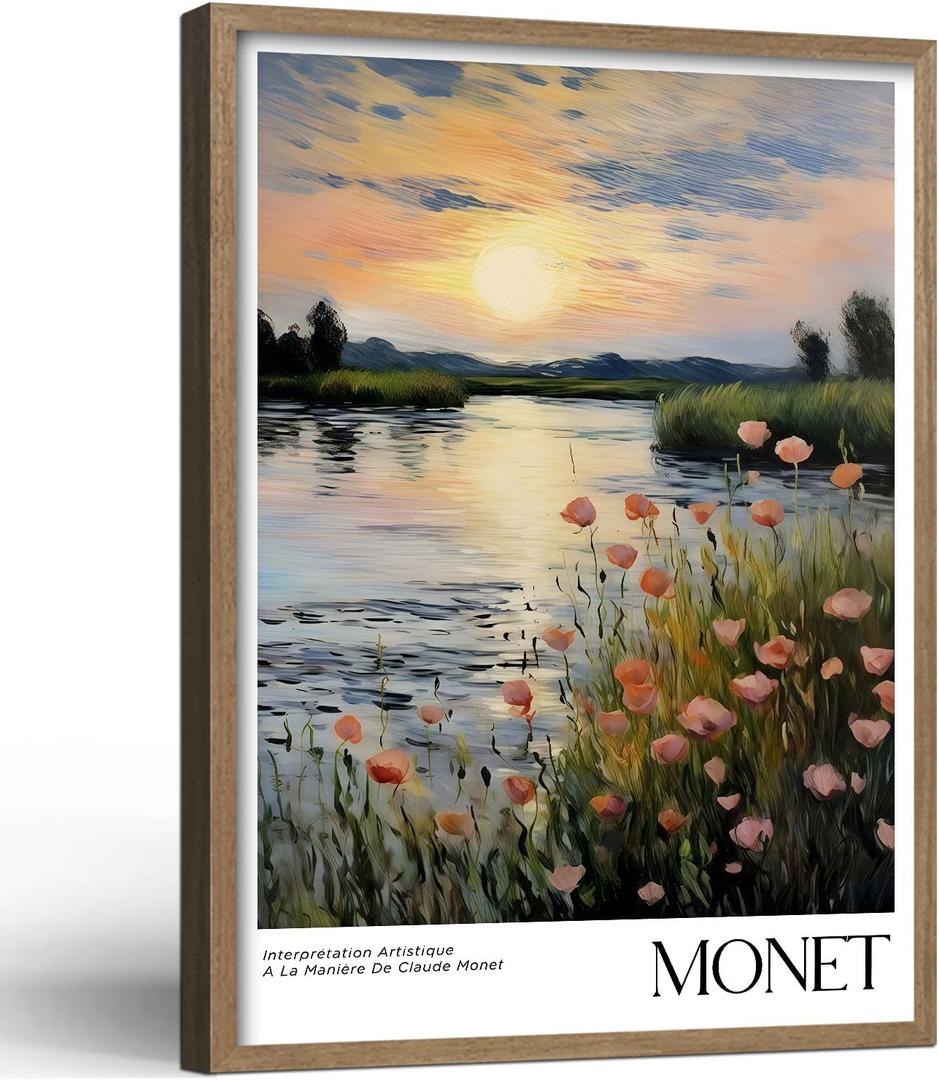 Framed Monet Impressionist Canvas Wall Art Sunset Floral Decor 24X16 Inch