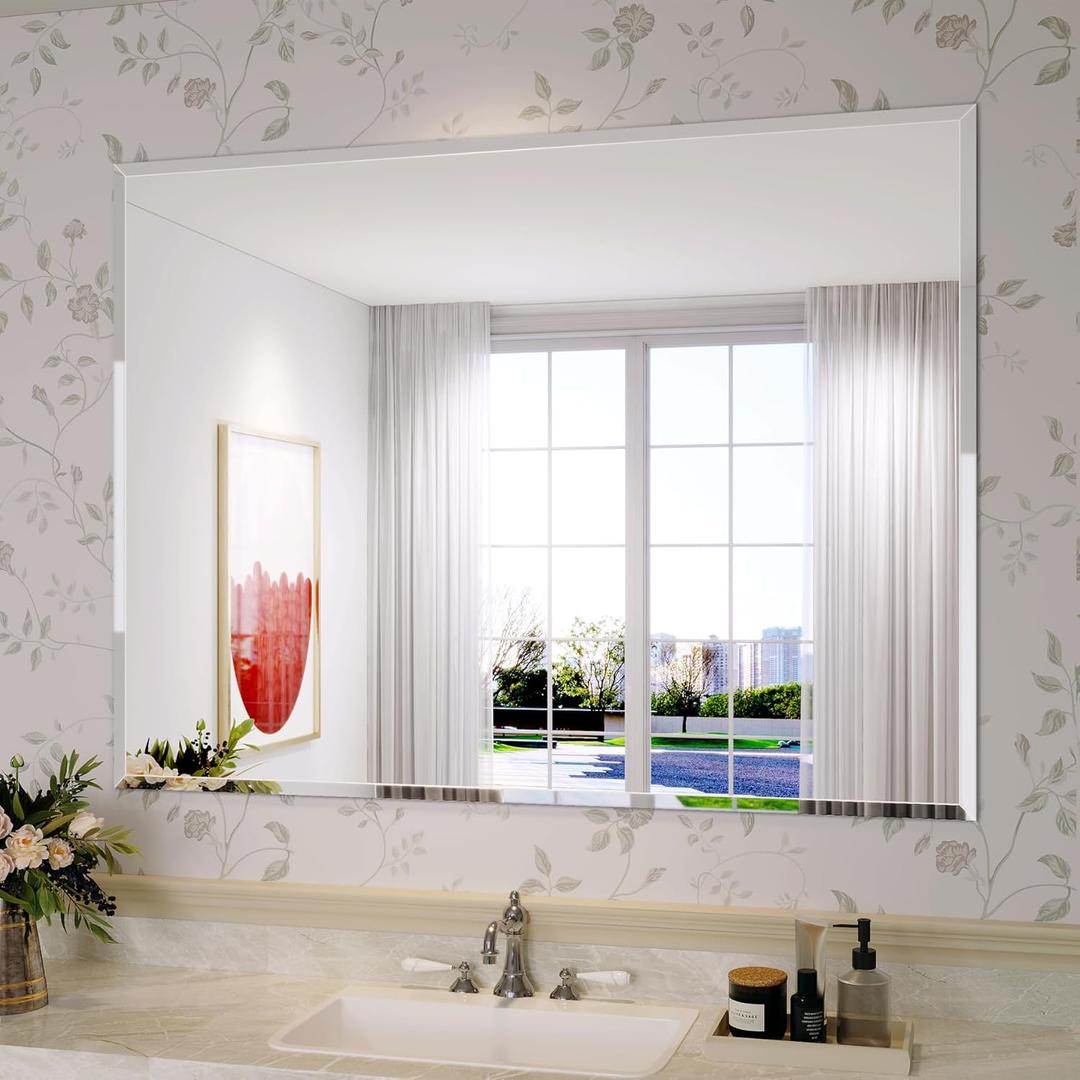 Frameless Bathroom Mirror for Wall, 40"x30" Beveled Bathroom Vanity Mirror, Modern Rectangle Bathroom Mirrors for Bedroom, Entryway, Living Room, Hangs Horizontally or Vertically
