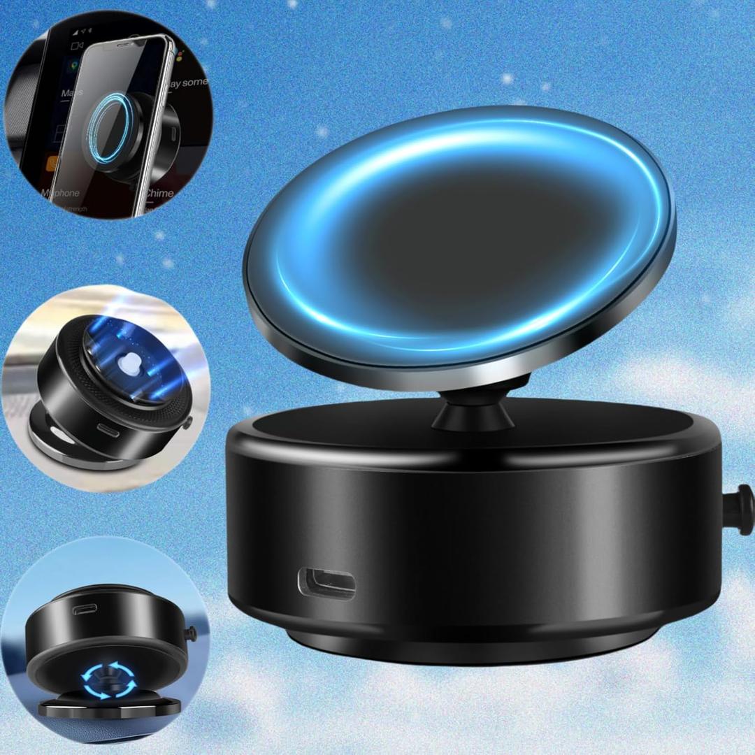 Vacuum Magnetic Car Phone Holder with 360 Rotation, Hands-Free Adjustable Electric Suction Cup Phone Mount Universal Magnetic Cell Phone Holder Mount for Car/Shower/Gym/Mirror/Smooth Surface (Black)