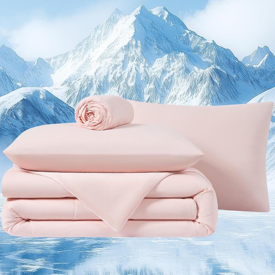 Cooling Comforter Set with Sheets&Pillowcases,Cooling Blanket for Hot Sleeper Cold ice Double Side Pink Bed Set Queen Size 4pcs(Comforter+Fitted Sheets+2Pillowcases)
