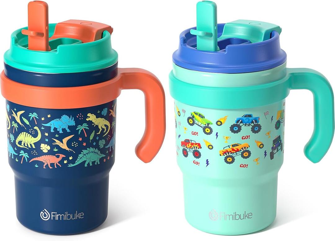 Fimibuke 16oz Kids Insulated Tumbler with Handle & Straws - 2 Pack BPA FREE 18/8 Stainless Steel Toddler Cups with Sip/Swig 2-in-1 Lids, Leak Proof Kid Drinking Cup Travel Mugs for Children Boys Girls (B4.Dinosaur & Monster Car)