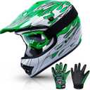 TCMT Youth Dirt Bike Helmet DOT Certified - Kids Full Face Motocross ATV Helmet with Goggles, Gloves and Helmet Bag for Off-Road, BMX, MX, Street Riding (Green, Youth Small)