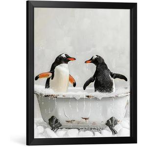 Funny Bathroom Decor Wall Art Pictures, Penguin Bathroom Decor Vintage Art Prints Framed 8W x 10L (Black)