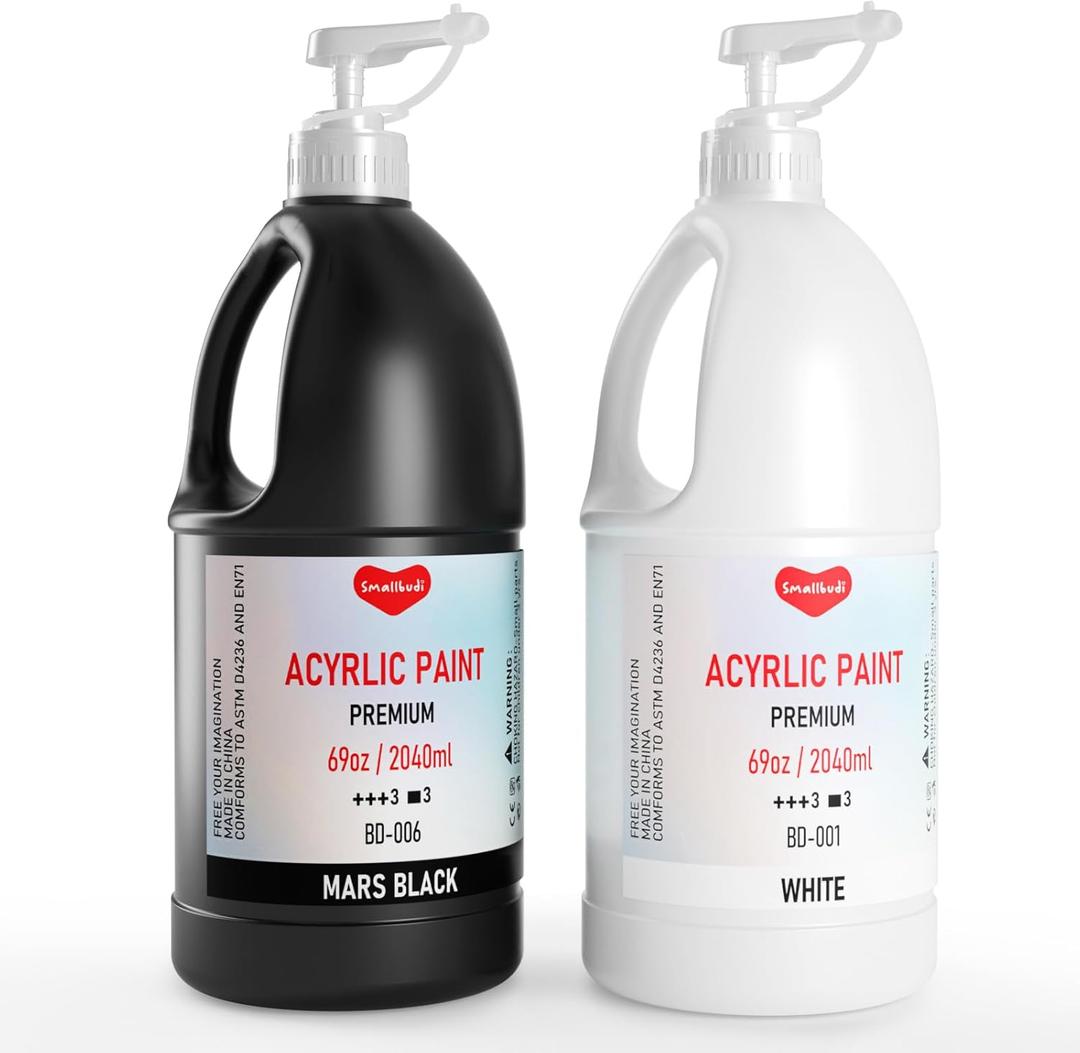 Smallbudi 2 Pack White & Black Large Acrylic Paint Set (69 oz, 2040 ml), Art Painting Bulk Supplies for Multi Surface Canvas Wood Leather Fabric Rock Craft, Non Toxic Paint for Kid & Adult with Pump