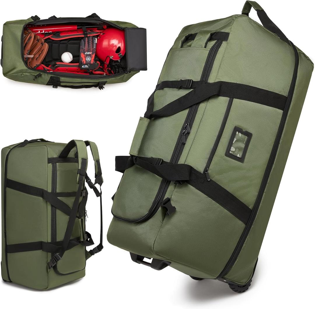 Baseball Catcher Bag with Wheels, Baseball Catcher Roller Bag with Large Capacity and Multi-pocket, Rolling Sport Roller Bag with Wheels and Backpack-strap for Baseball Softball (Green)