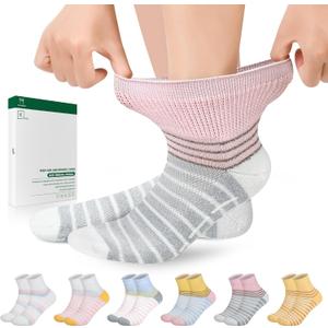 Bulinlulu Bamboo Viscose Diabetic Socks with Grippers for Men Women -6 Pairs Non Binding Ankle Slipper Socks Size 6-9 9-12 (Medium, Pink Stripe/Light Blue Stripe/Blue Stripe/White Stripe a/White Stripe B/Yellow Stripe)