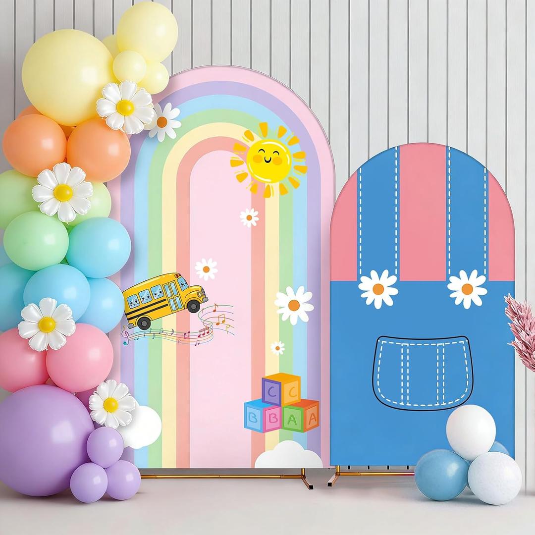 2 Set Cartoon Arch Covers 6ft 7.2ft Round Top Backdrop Covers for Cartoon Birthday Baby Shower Party Supplies (English Teacher)