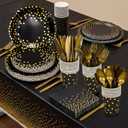 176 Pieces Gold Disposable Party Dinnerware Set &Golden Dot Disposable Party Dinnerware - Black Paper Plates Napkins Cups, Gold Plastic Forks Knives Spoons