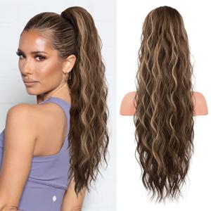 FLUFYMOOZ Ponytail Extension, 26 Inch Drawstring Ponytail Hair Extensions for Women Long Curly Wavy Ponytail Natural Synthetic Hairpiece for Women (26" Deep Brown with Dirty Blonde)